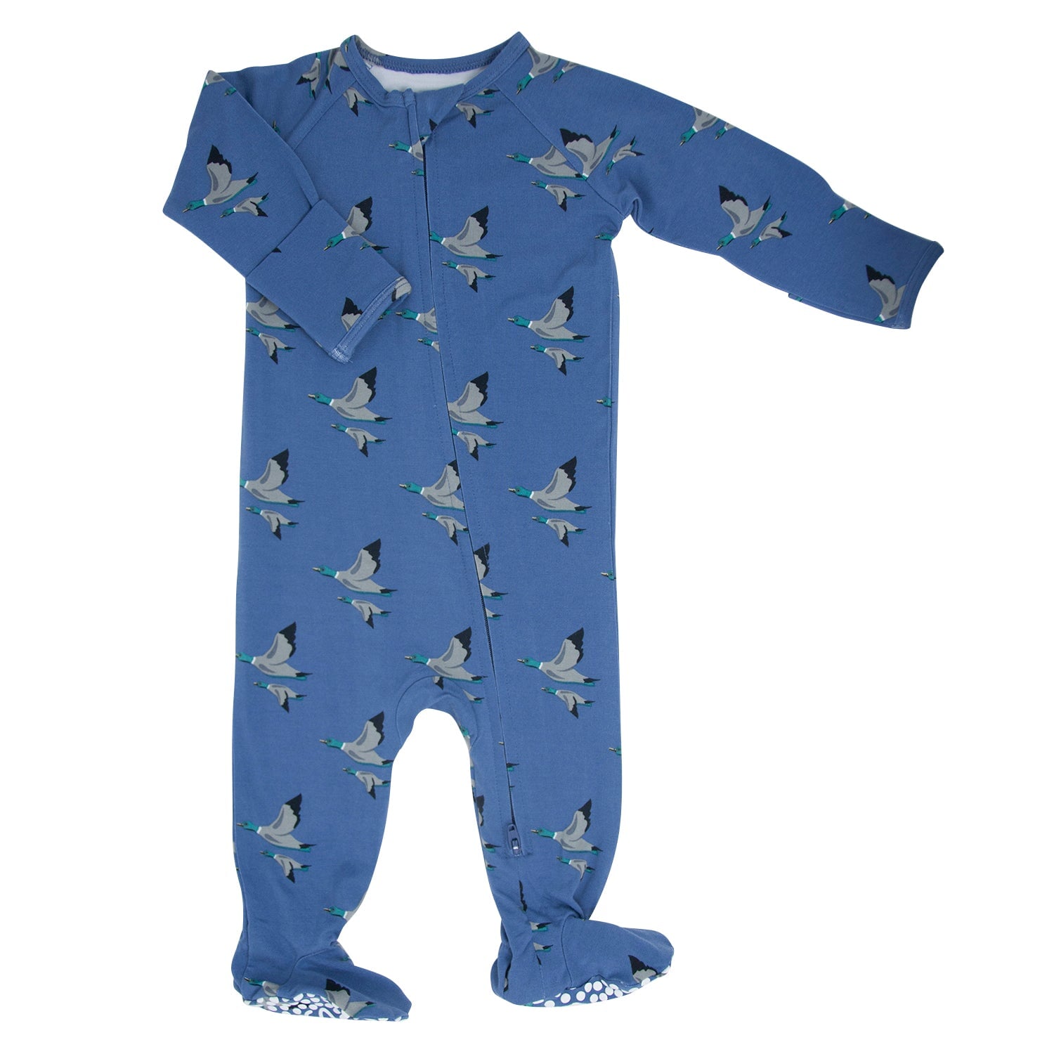 Blue bird-print zip-front baby footie with long sleeves and footed bottoms