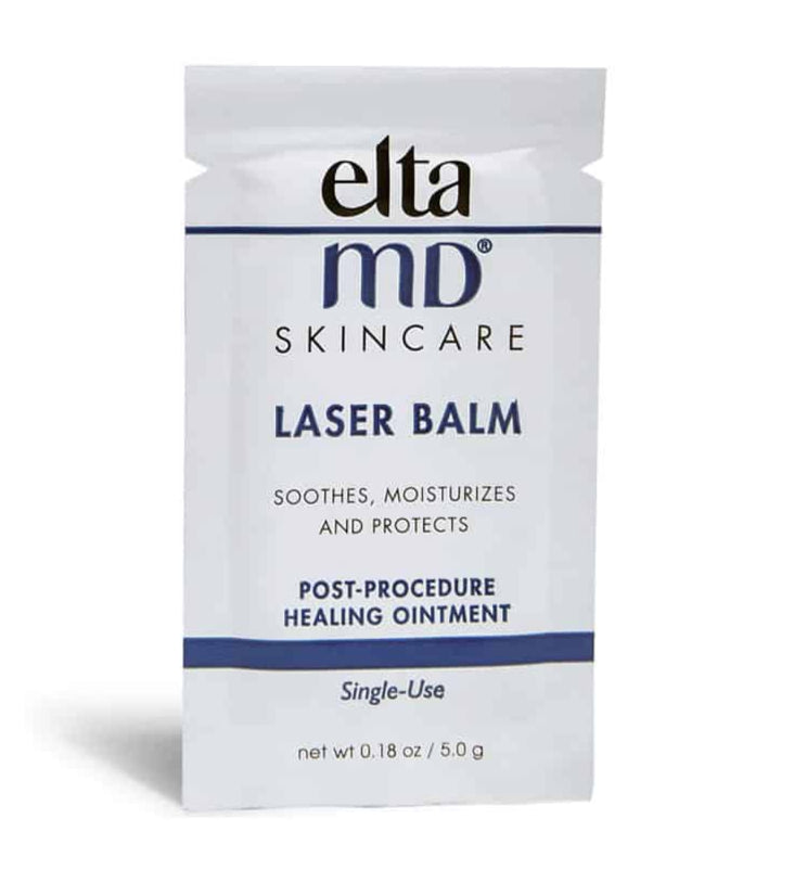 EltaMD Laser Balm post-procedure healing ointment single-use packet, white with blue print