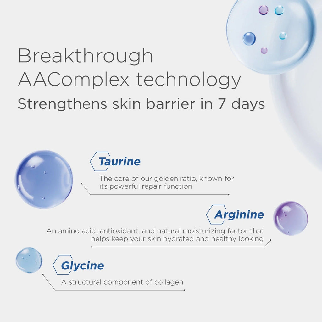 Foaming cleanser ingredient graphic with blue droplet icons and amino acid labels