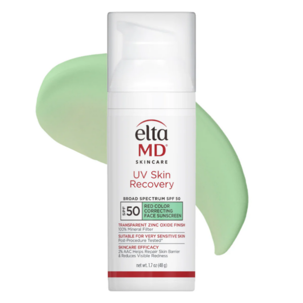 EltaMD UV Skin Recovery SPF 50 sunscreen bottle with green tint swatch