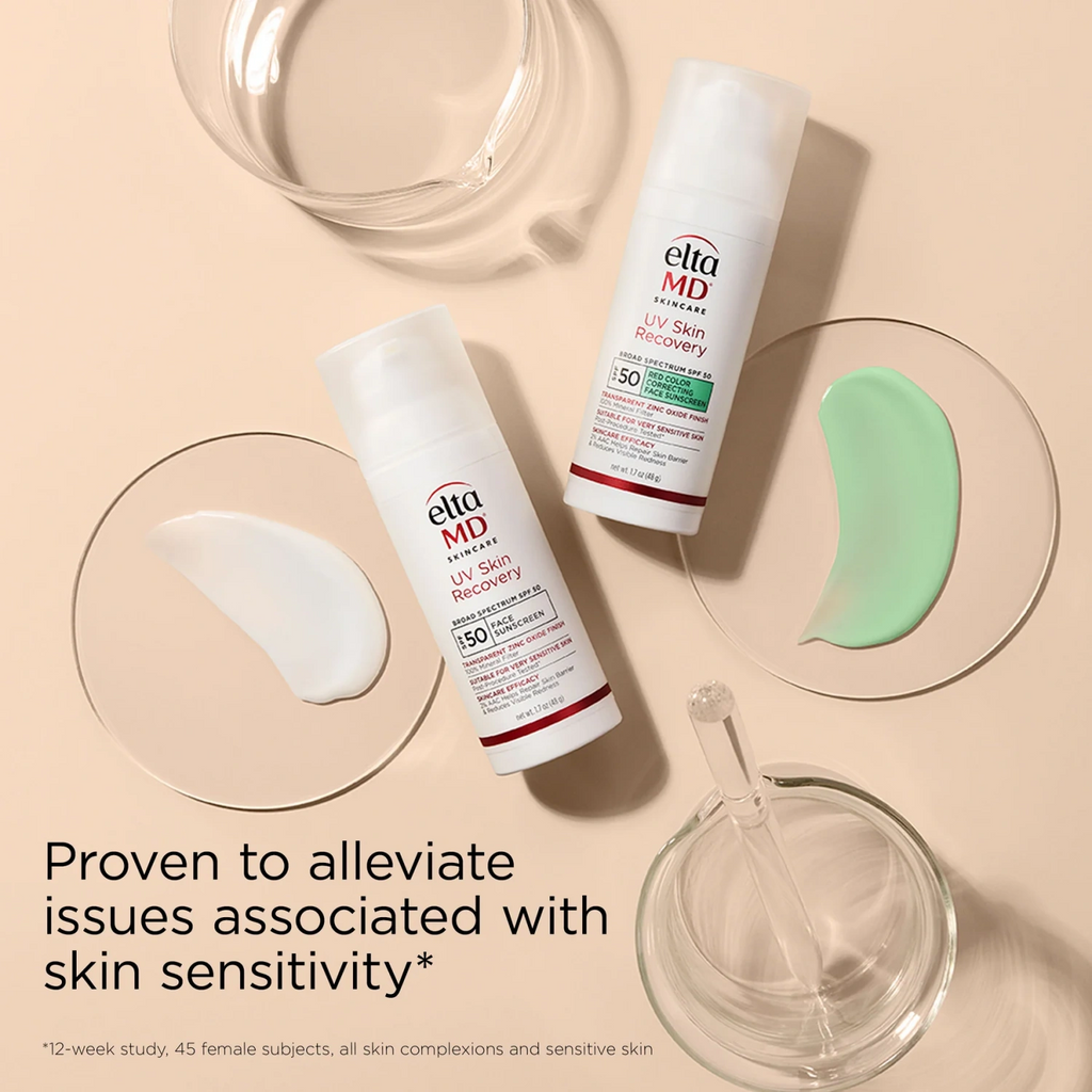 EltaMD UV Skin Recovery SPF 50 sunscreen with two bottles and green tint smear