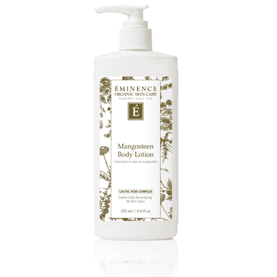 Eminence Mangosteen body lotion bottle with white pump, clear label, 8.4 oz