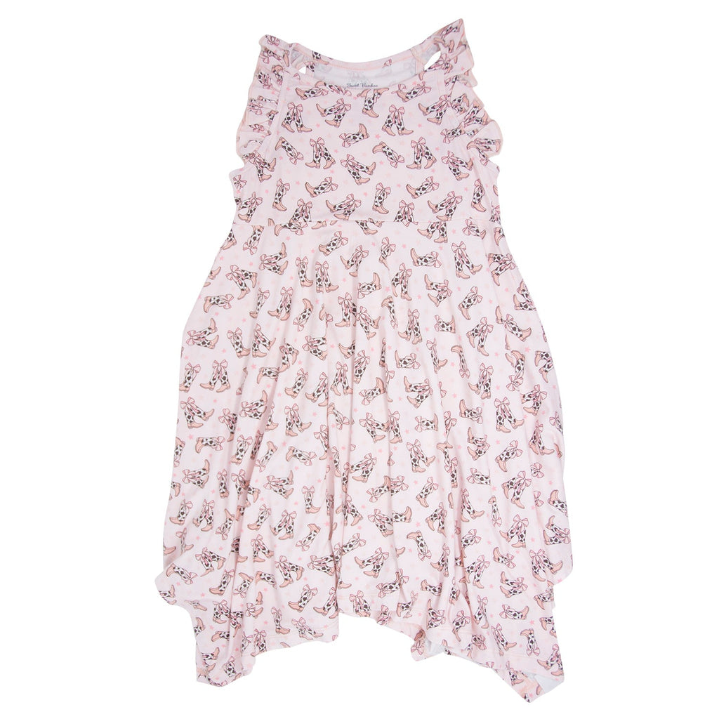 Girls' racerback dress in light pink with bow and cowhide boot print, ruffled hem