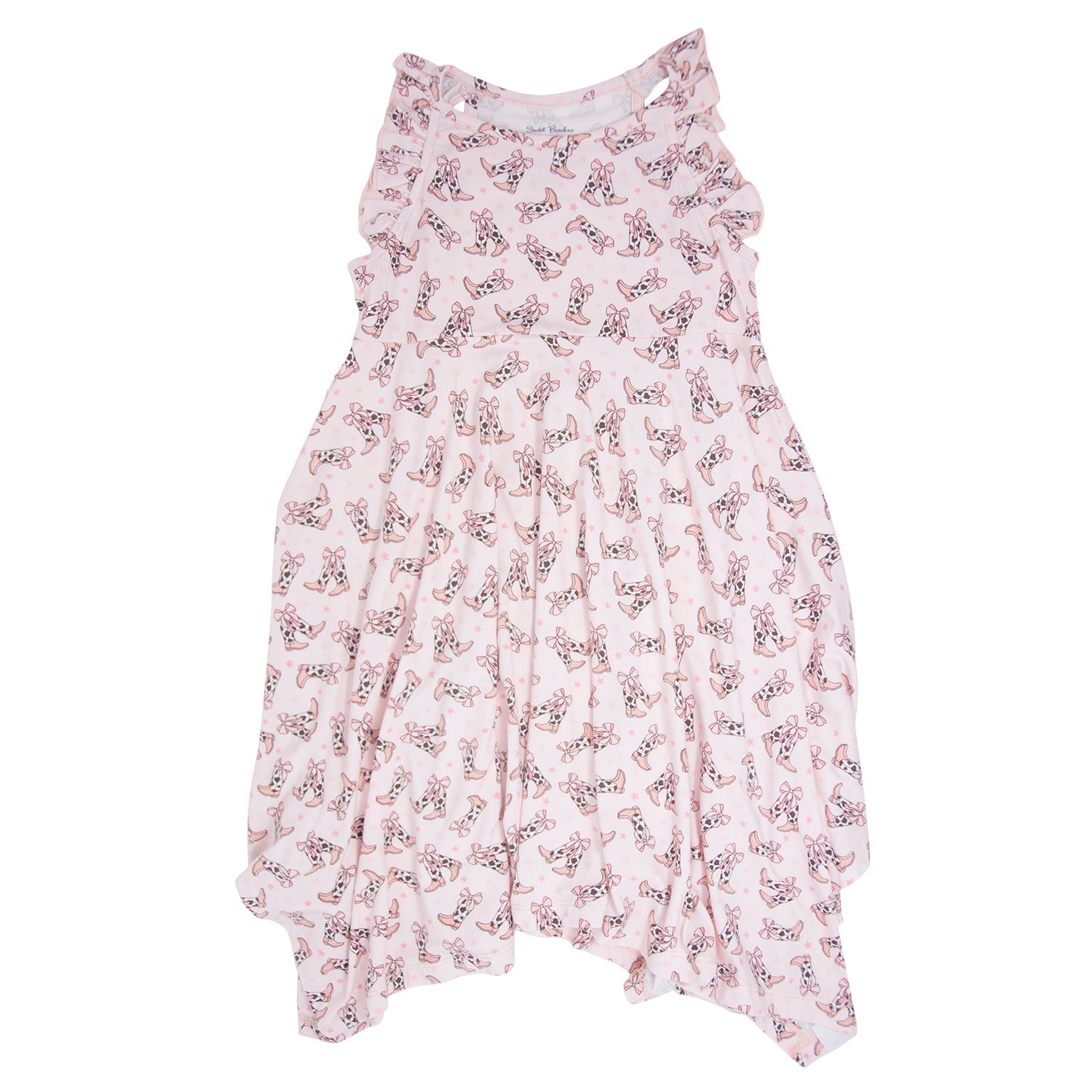 Girls' racerback dress in light pink with bow and cowhide boot print, ruffled hem