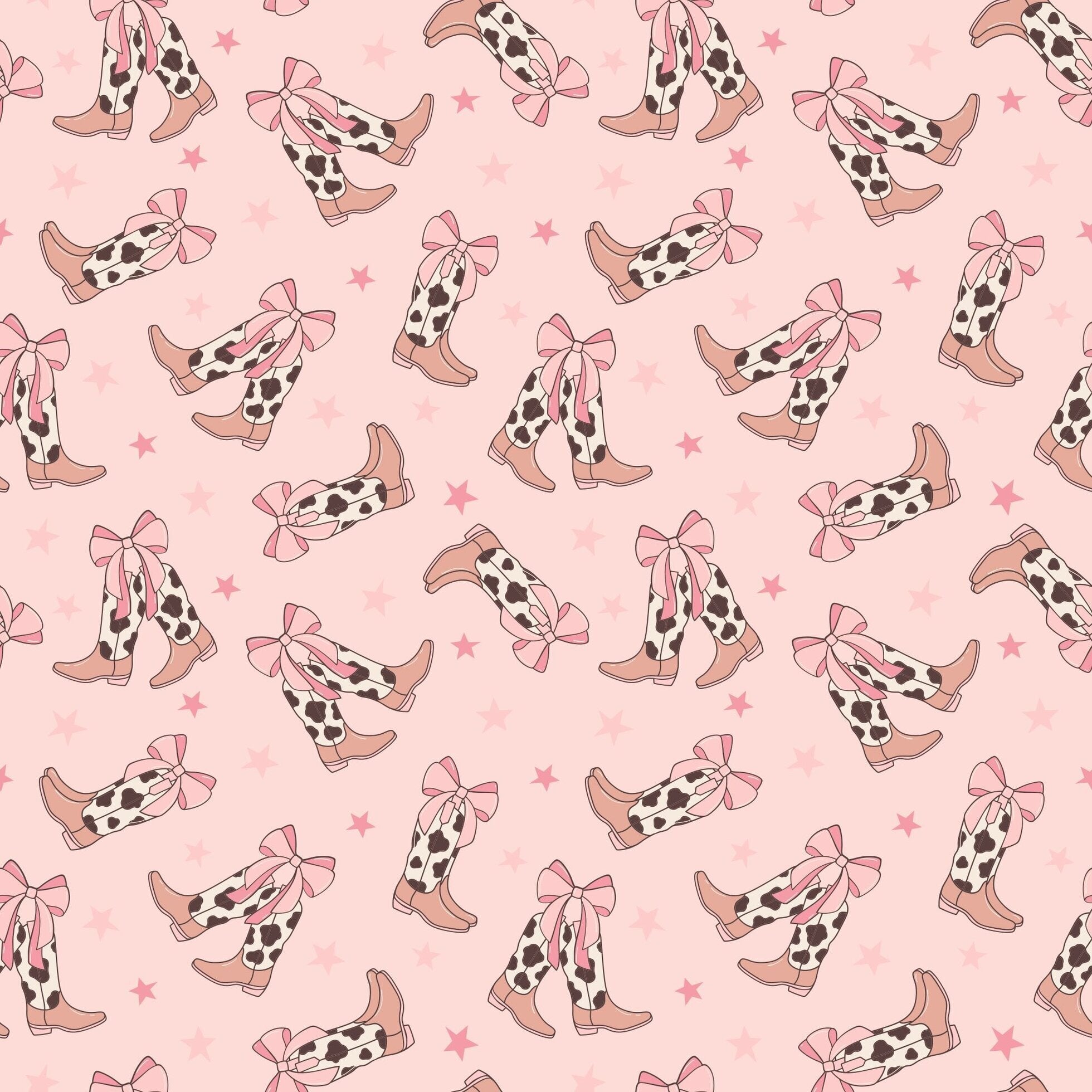 Racerback dress fabric swatch with repeating light pink bow and cowhide boot pattern