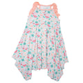 Girls racerback dress with ruffled shoulders and fruit print, coral and aqua
