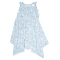 Girl's racerback dress in light aqua with ruffled shoulders and butterfly print