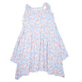 Girl's racerback dress in vintage flower pink with blue floral print, sleeveless