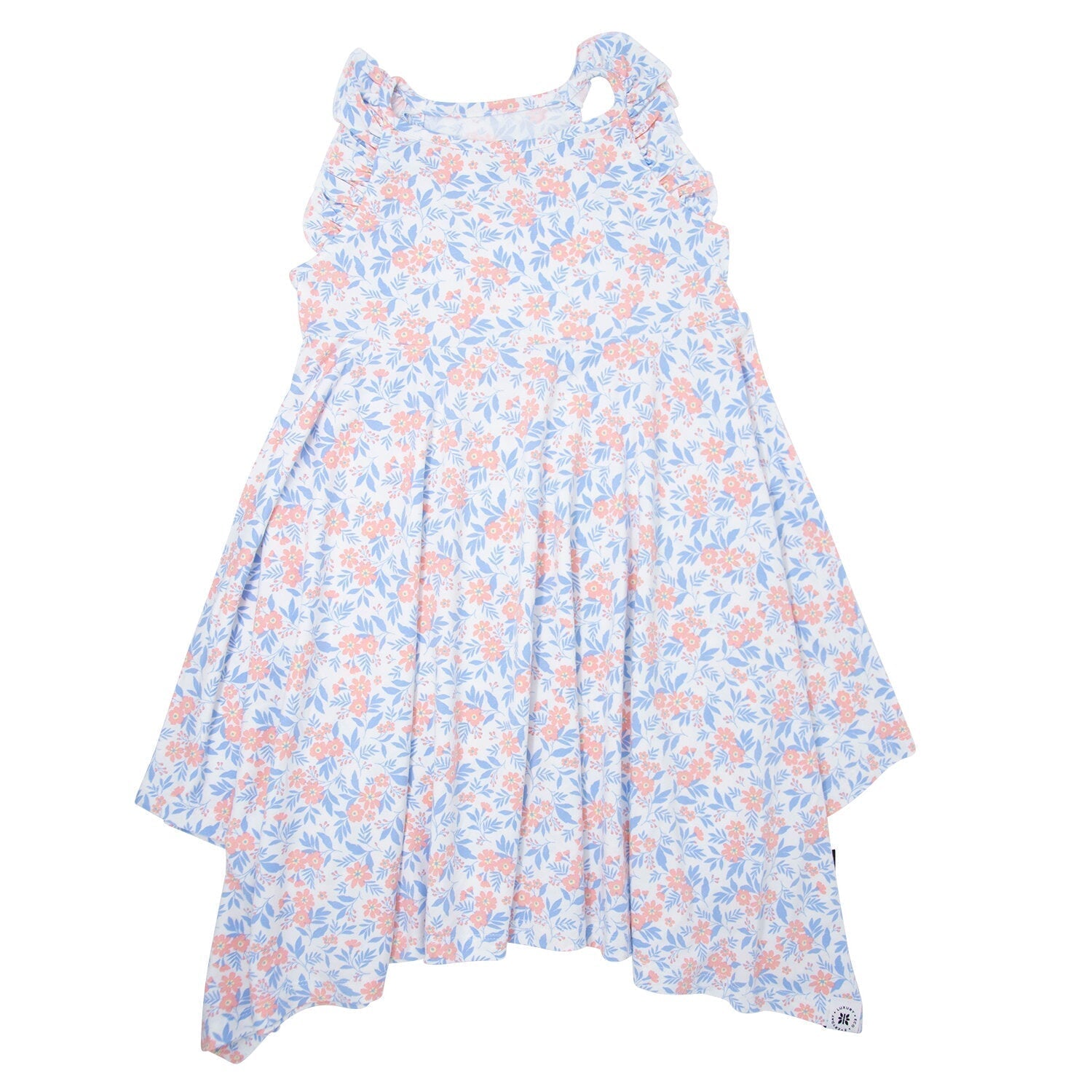 Girl's racerback dress in vintage flower pink with blue floral print, sleeveless