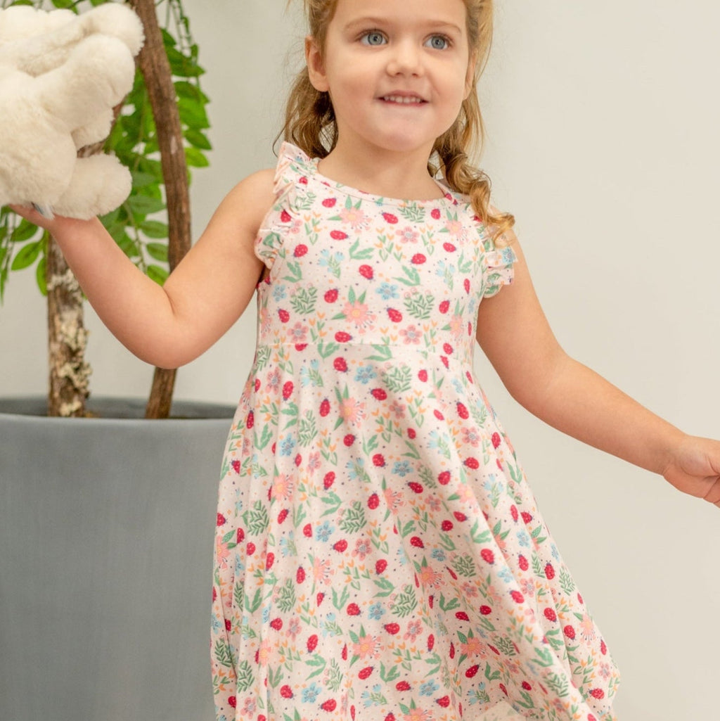 Girls’ racerback dress in light fabric with ladybug and flower print, flutter sleeves