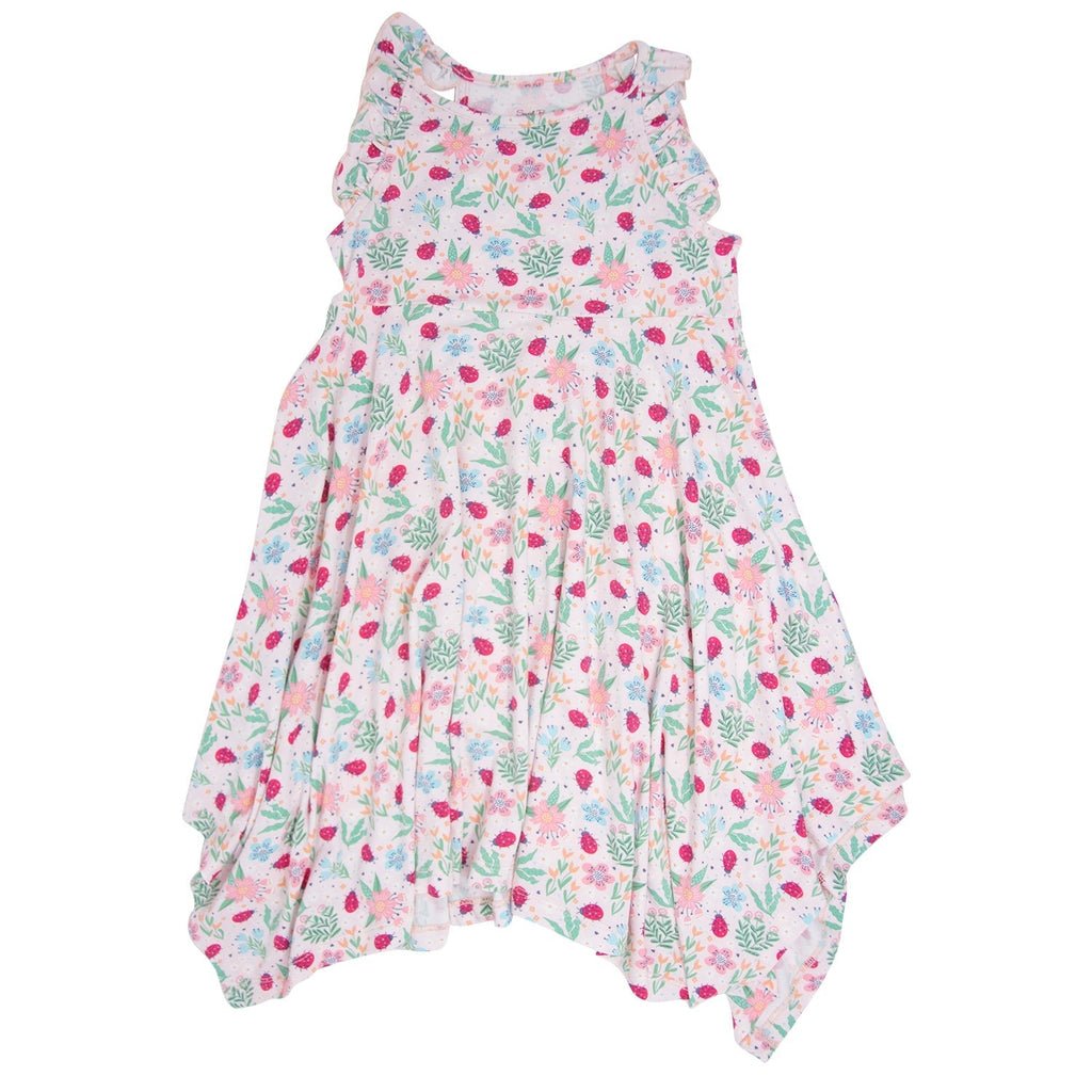 Girls’ racerback dress with ladybug, flower, and leaf pattern; ruffled shoulders