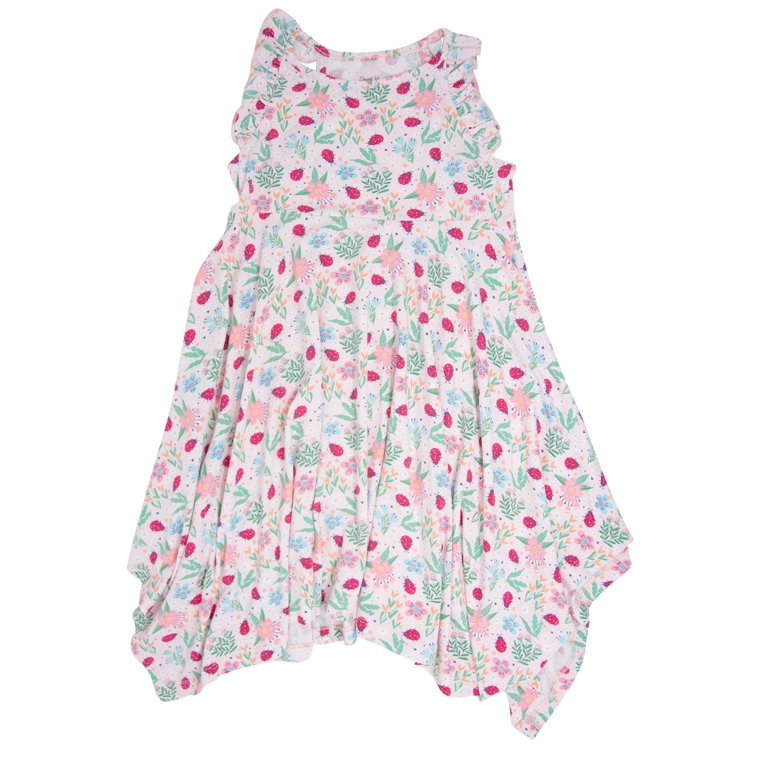 Girls’ racerback dress with ladybug, flower, and leaf pattern; ruffled shoulders