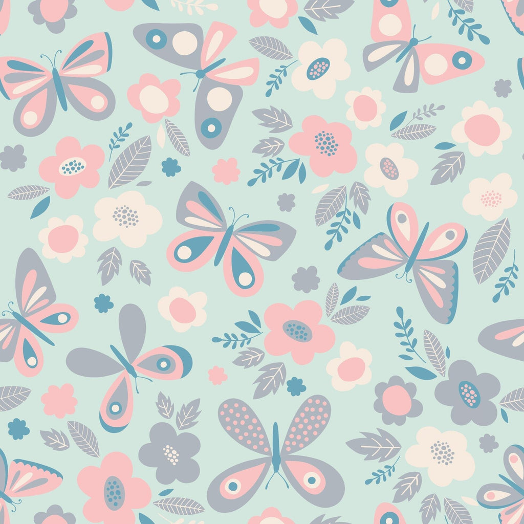 Butterfly and floral fabric pattern on light aqua background
