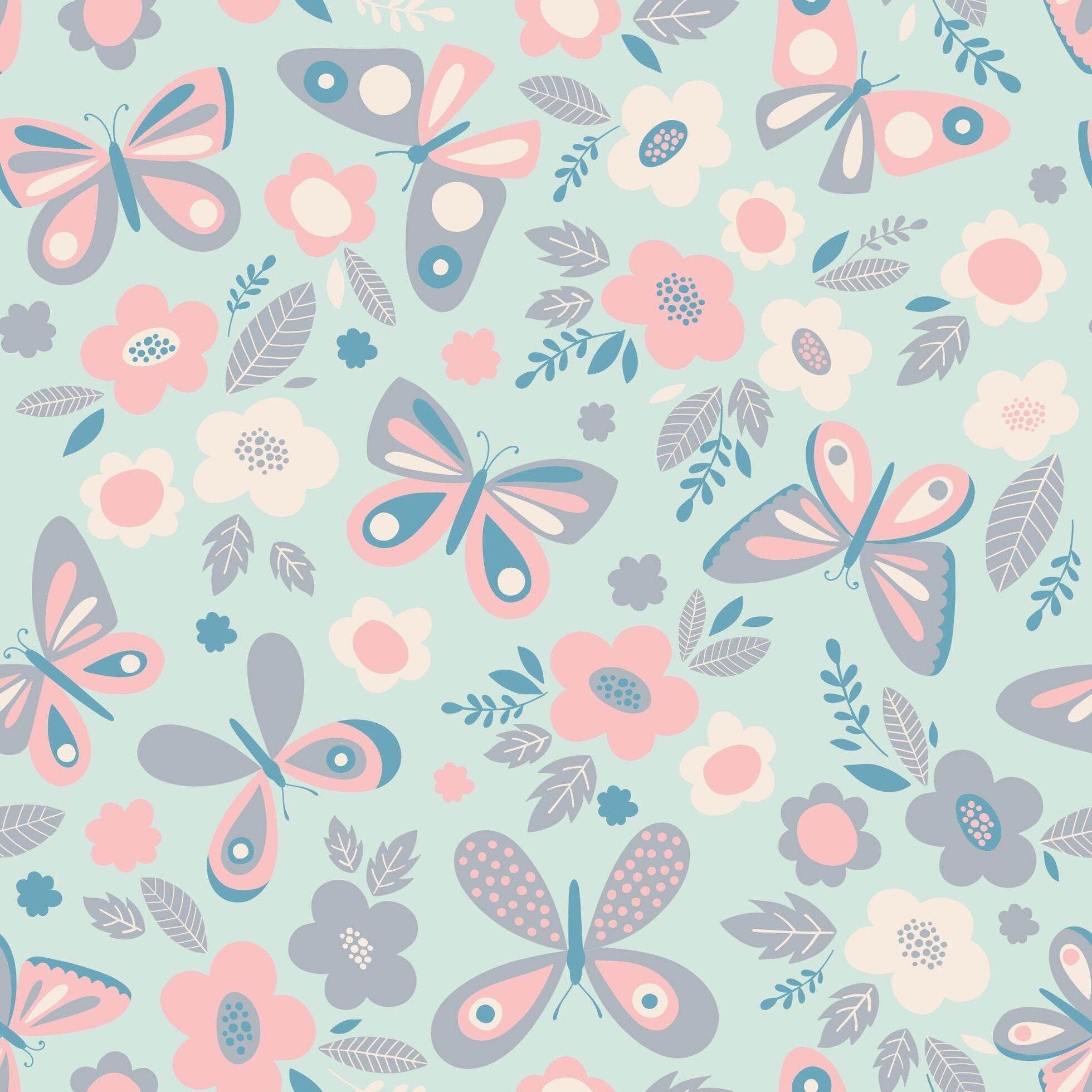 Butterfly and floral fabric pattern on light aqua background