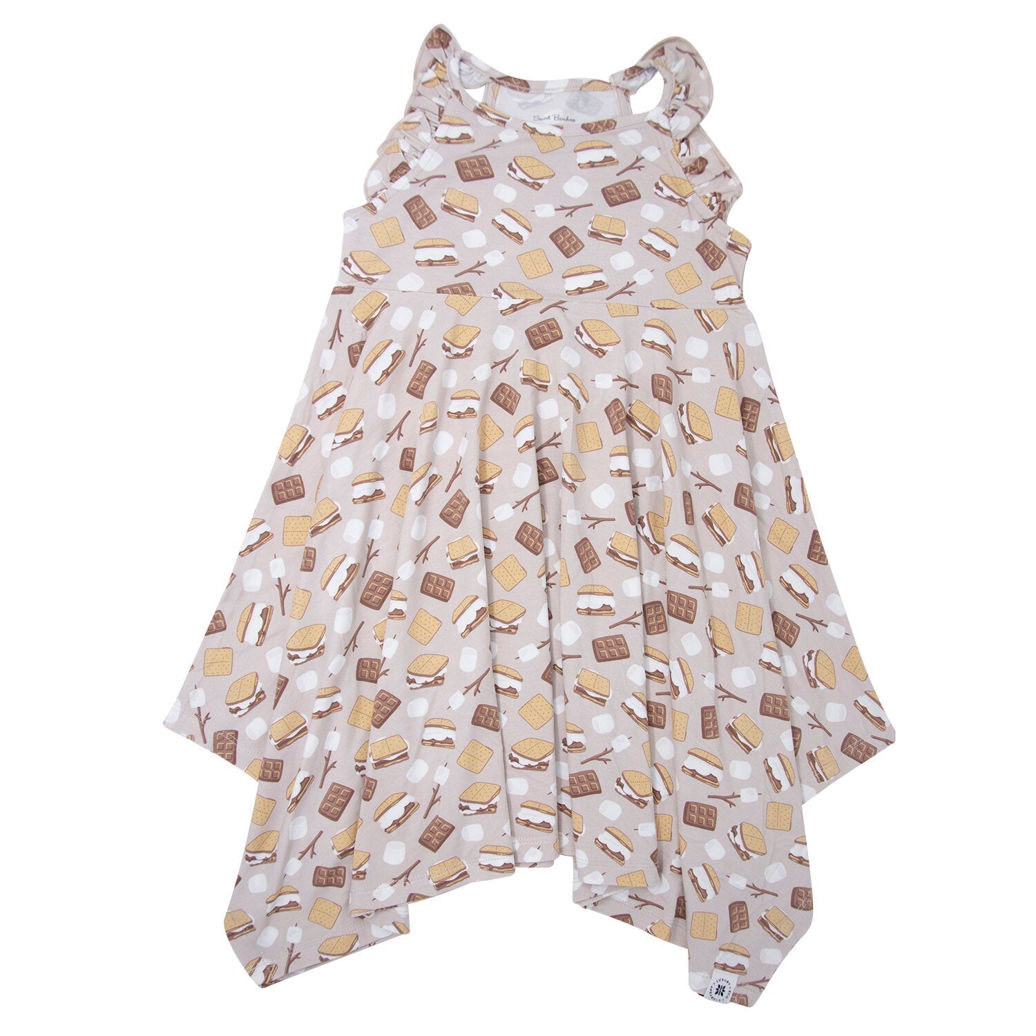 Girls racerback dress flat lay, sleeveless with snack print and pointed asymmetric hem