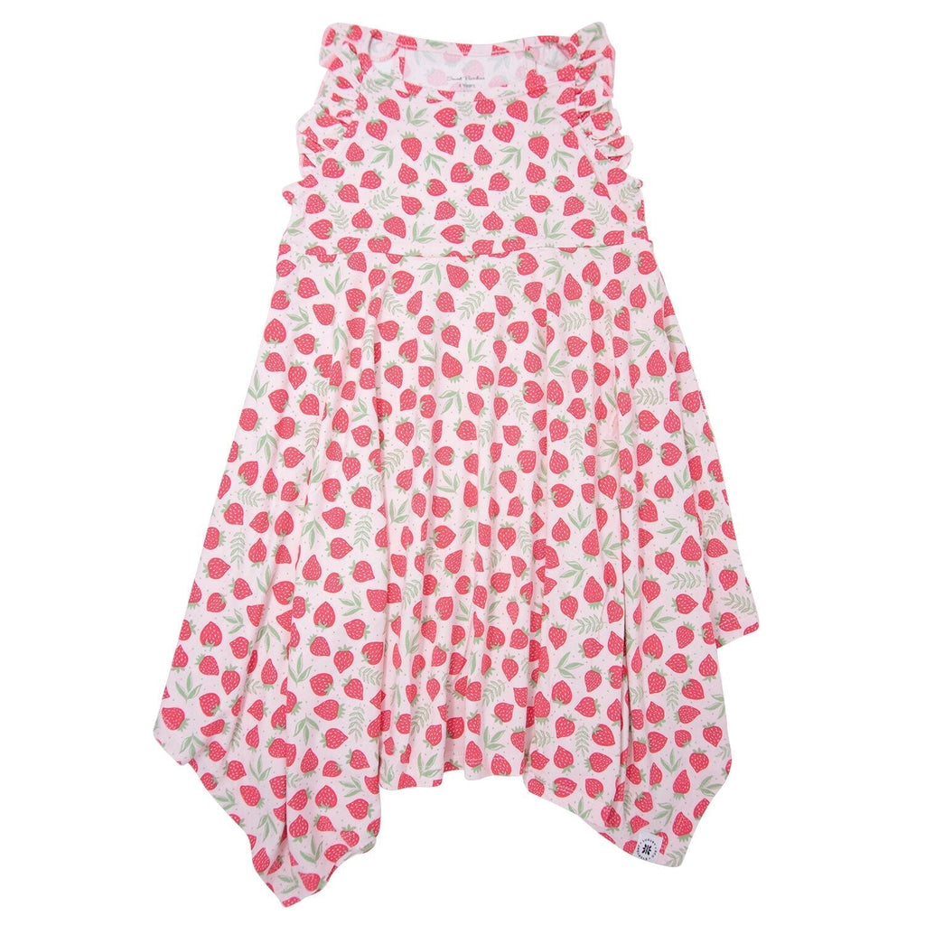 Girl's racerback dress, sleeveless, pink strawberry print with swingy skirt