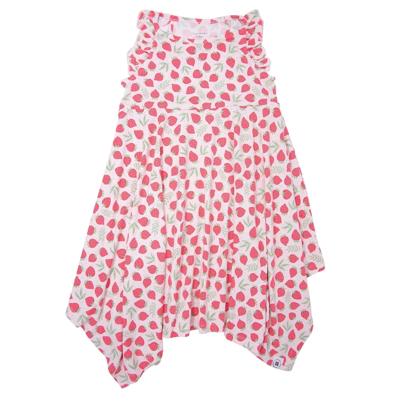 Girl's racerback dress, sleeveless, pink strawberry print with swingy skirt