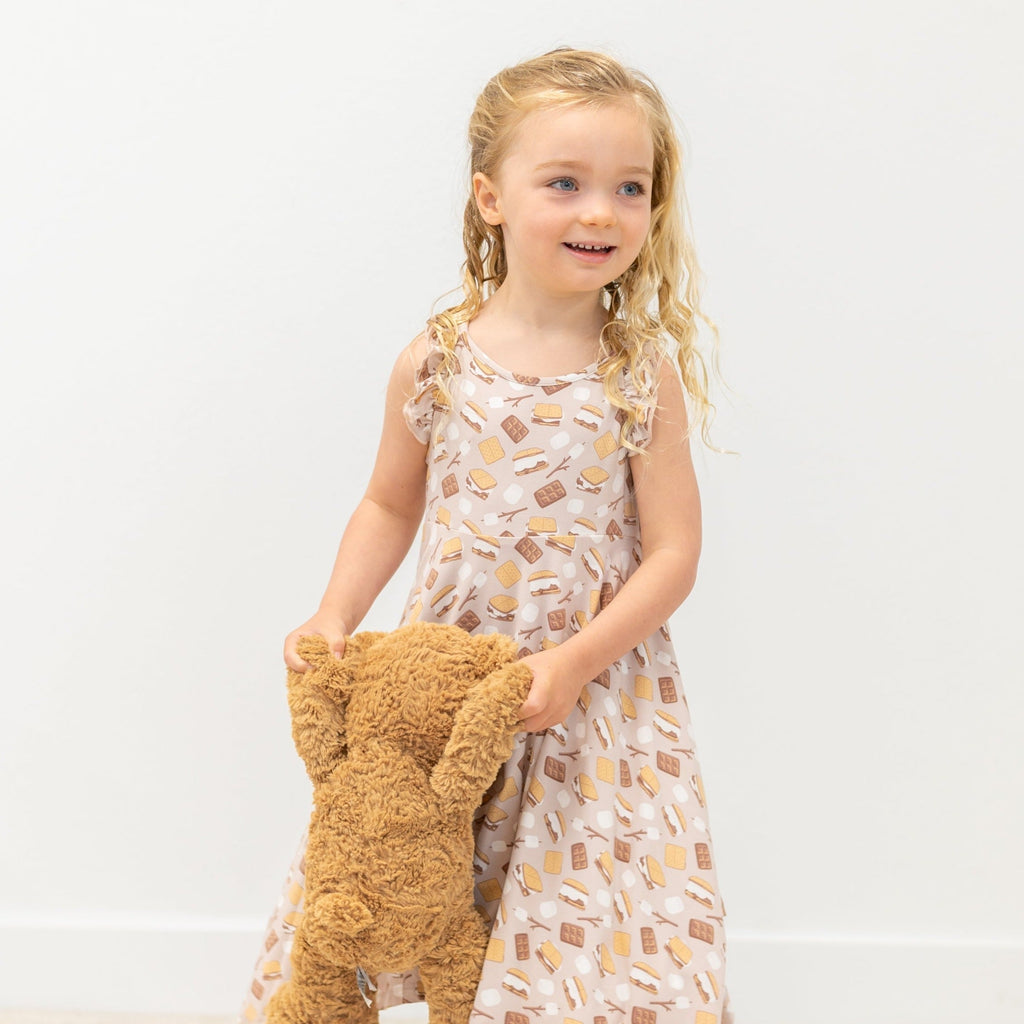 Girls racerback dress with snack print and tiered skirt, sleeveless ruffle details