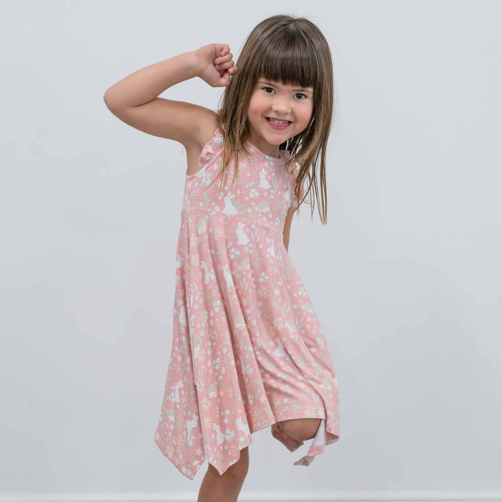 Girls pink racerback dress with bunny floral print and swing skirt