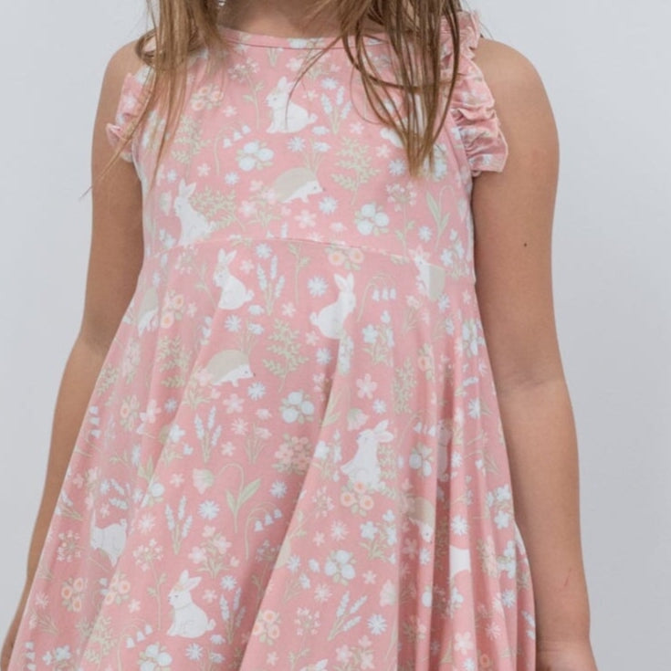 Girls pink racerback dress bodice with bunny and wildflower print