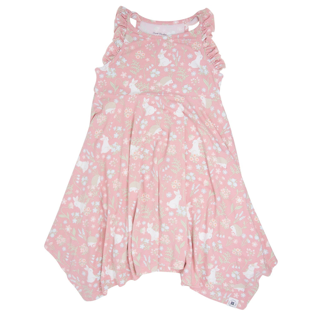 Girls pink racerback dress with allover bunny and flower print