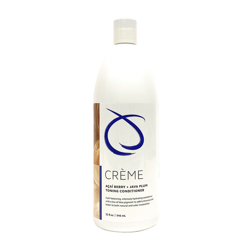 Creme toning conditioner bottle, white with blue logo and label