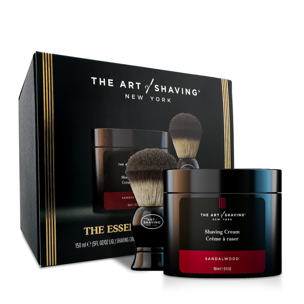 Sandalwood shaving starter set: shaving cream jar, brush, and razor in box