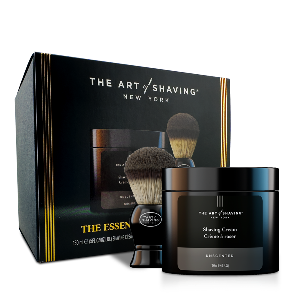 Unscented shaving starter set with brush, razor stand, and shaving cream jar