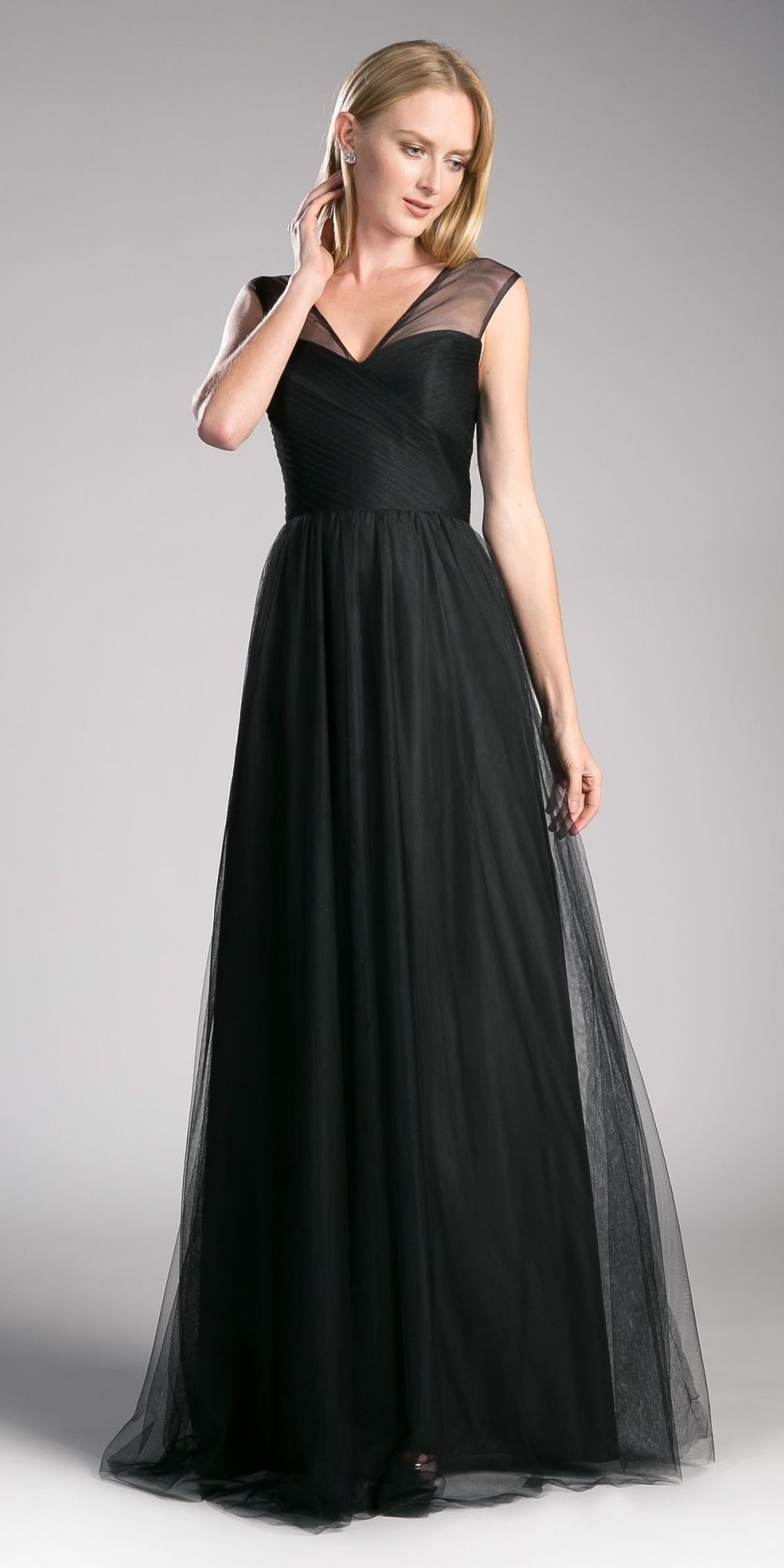 Long sleeveless formal dress with illusion V-neck and gathered chiffon skirt, black