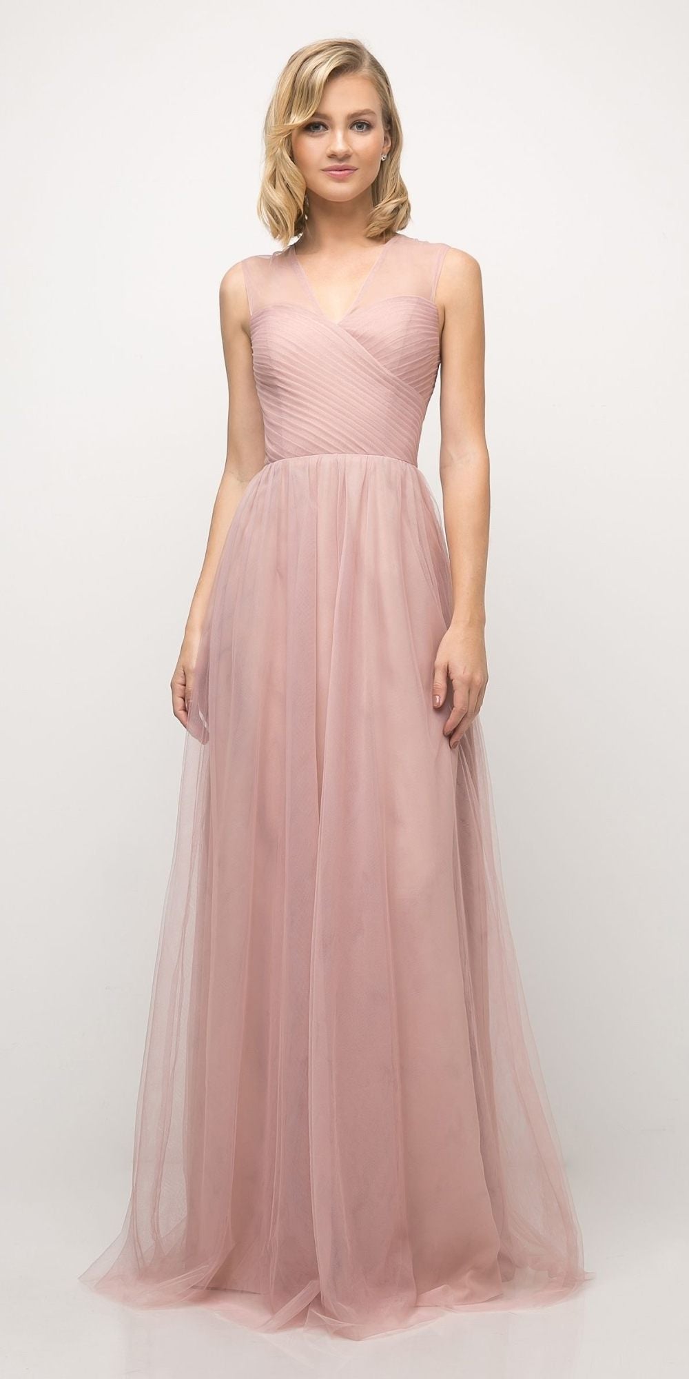 Blush pink sleeveless long formal dress with V-neck bodice and flowing tulle skirt