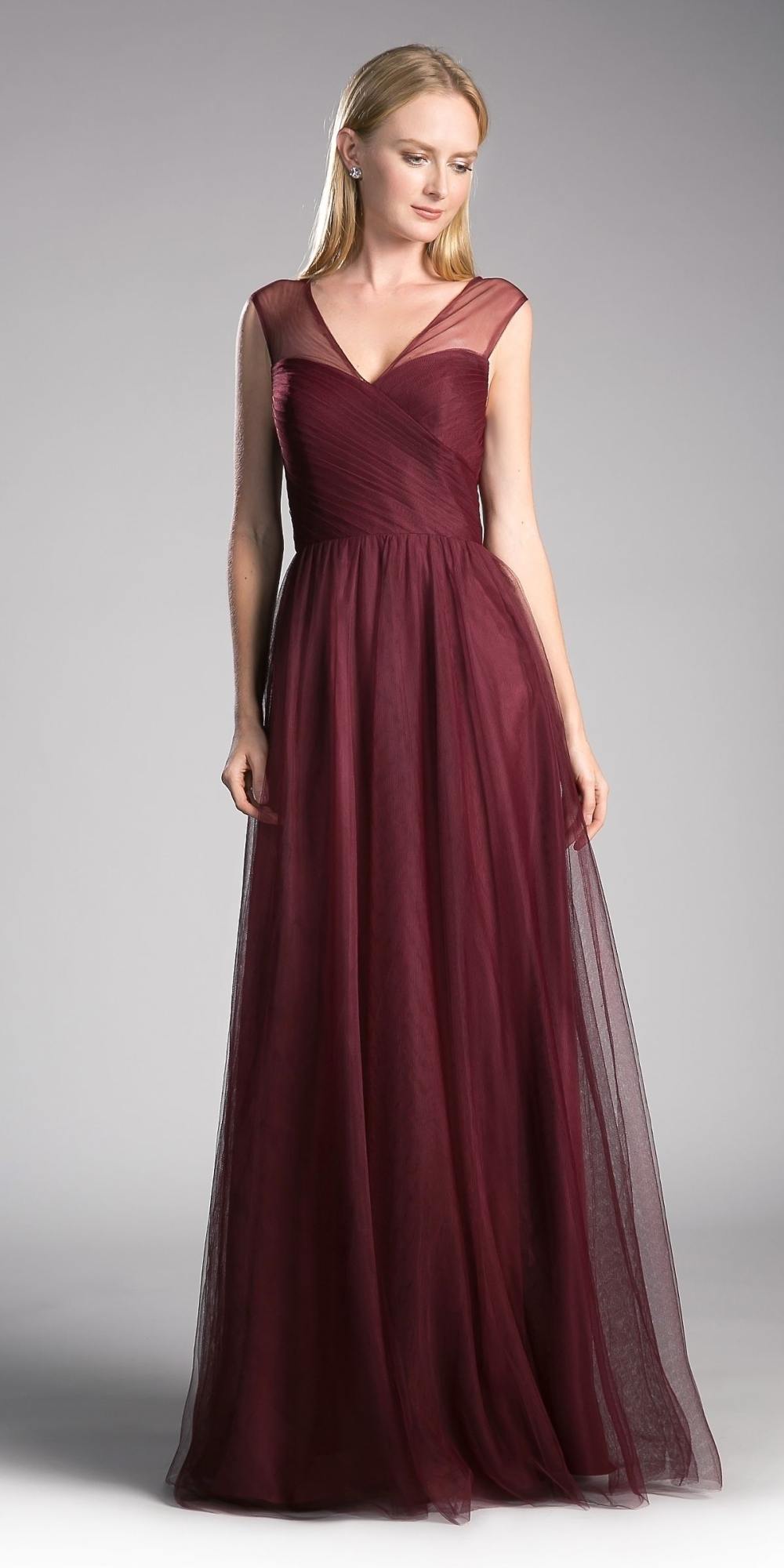 Long sleeveless formal dress with illusion V-neck bodice and flowing chiffon skirt, burgundy