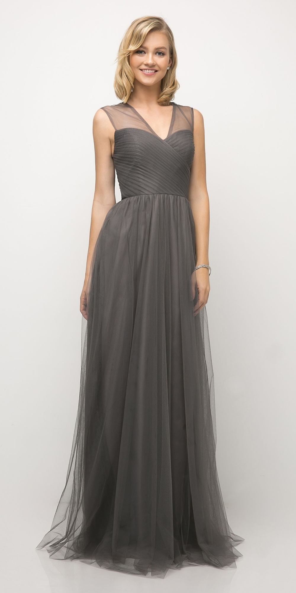 Long sleeveless formal dress with illusion V-neck and gathered chiffon skirt, dark gray