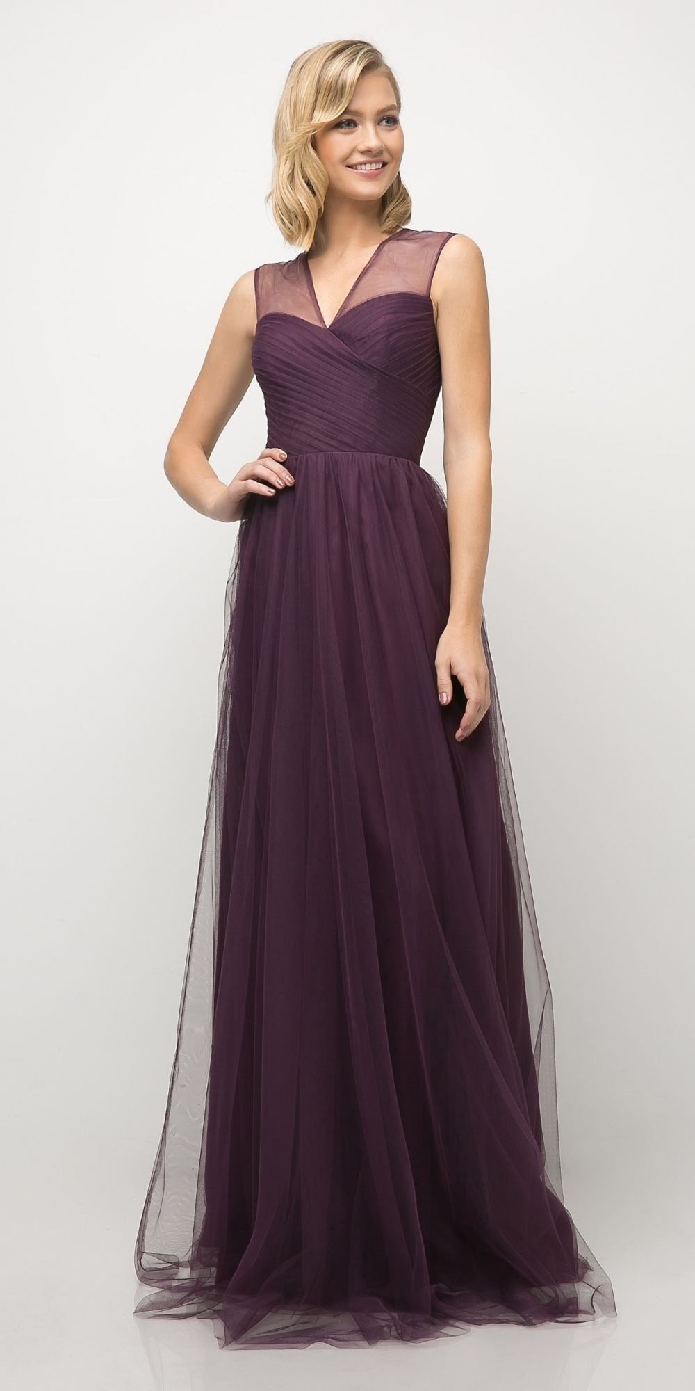 Long sleeveless formal dress with illusion V-neck bodice and airy tulle skirt, plum