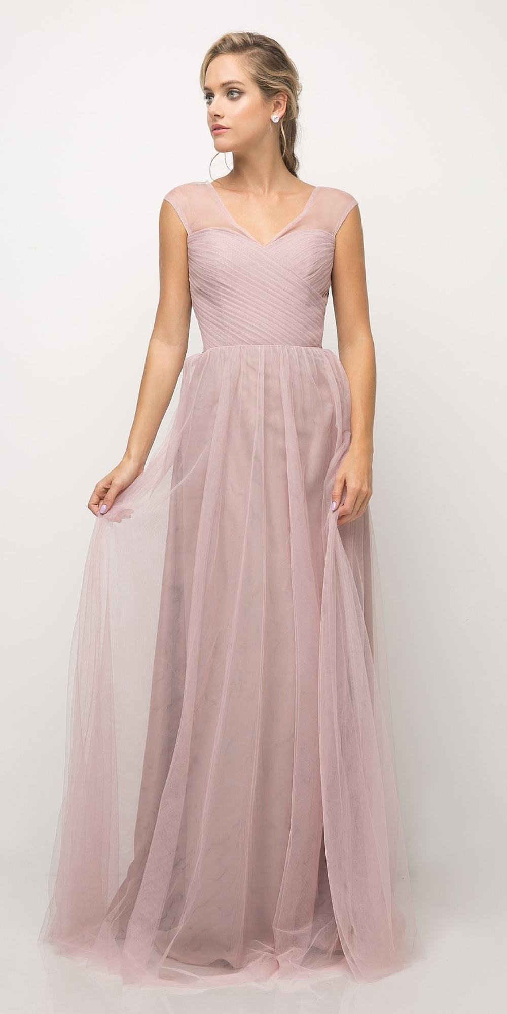 Long sleeveless formal dress with illusion V-neck and gathered tulle skirt, pale blush