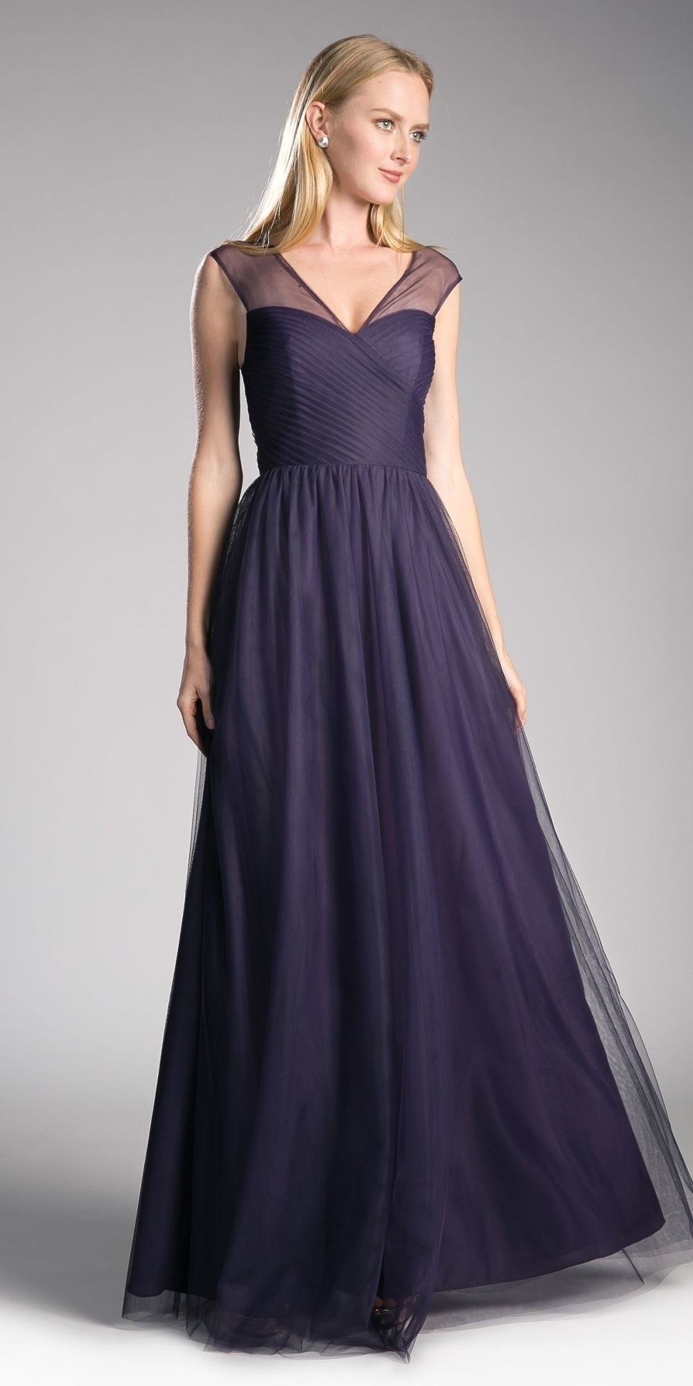 Long sleeveless formal dress with illusion V-neck and chiffon skirt, deep navy blue