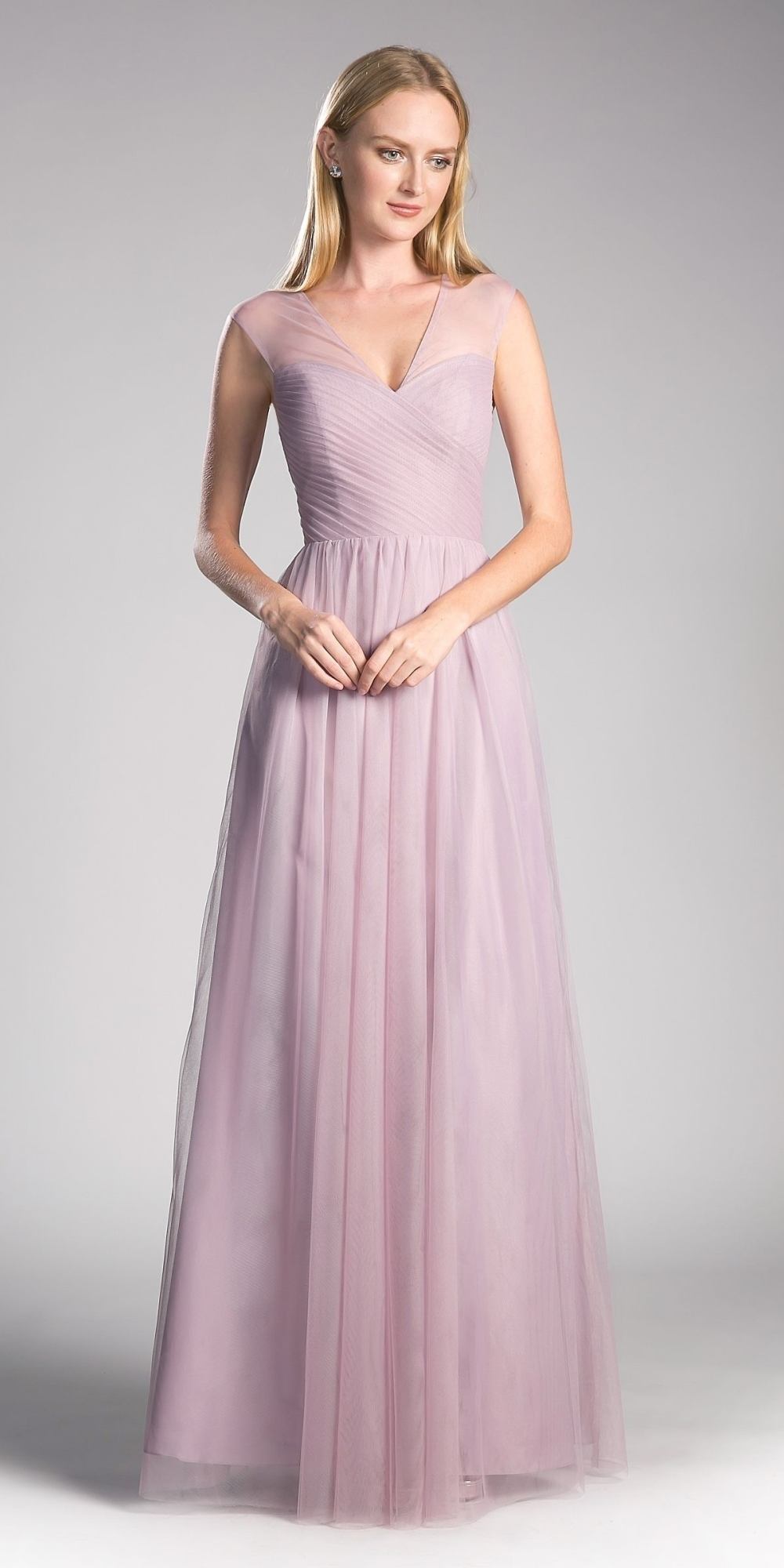 Lavender long tulle dress with illusion V-neck and fitted bodice, sleeveless