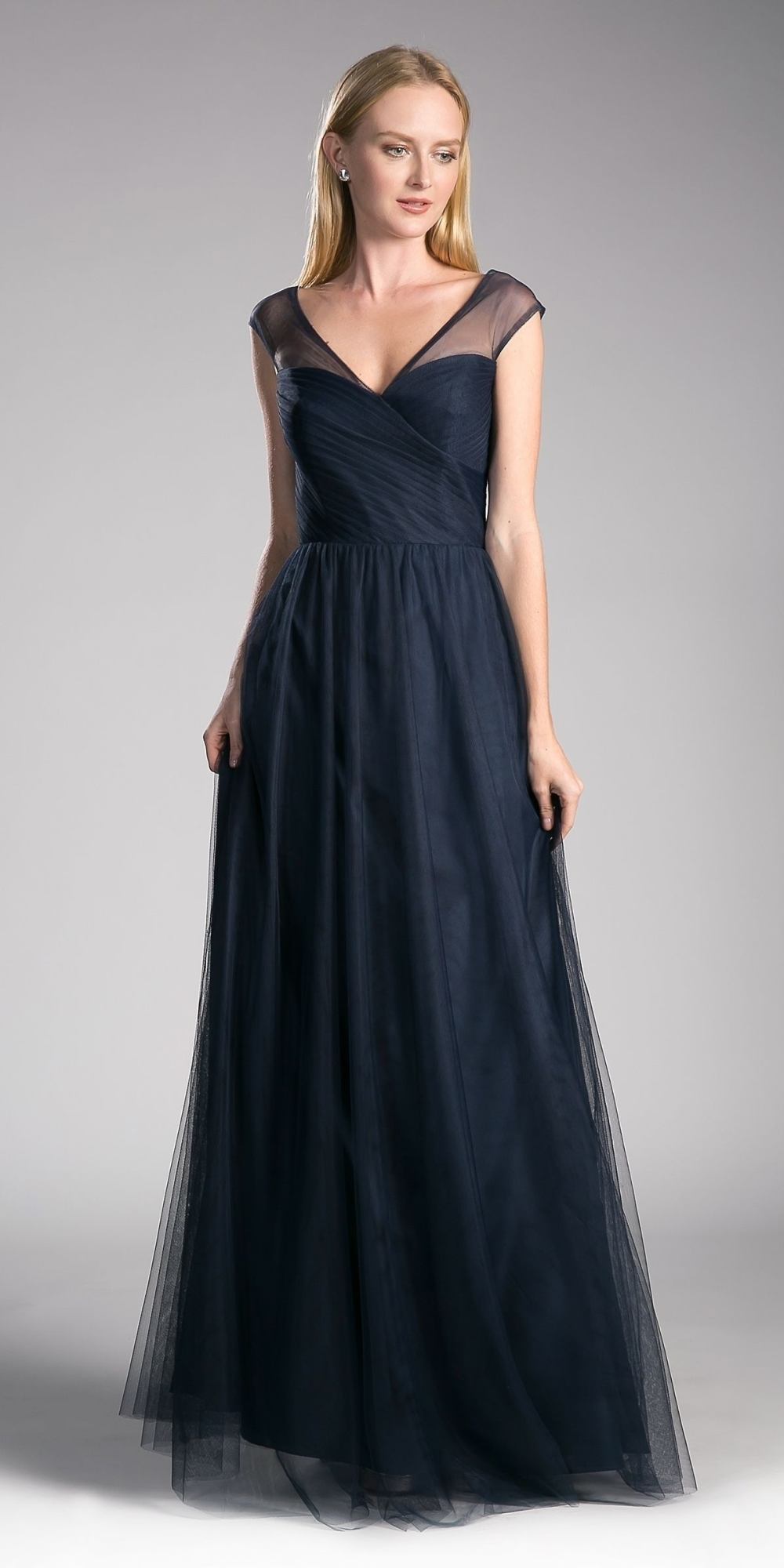 Navy long tulle dress with illusion V-neck bodice and sleeveless gathered skirt