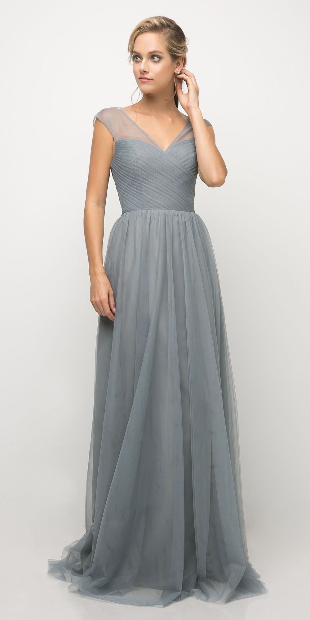 Slate blue long tulle dress with V-neck bodice and flowing pleated skirt, sleeveless