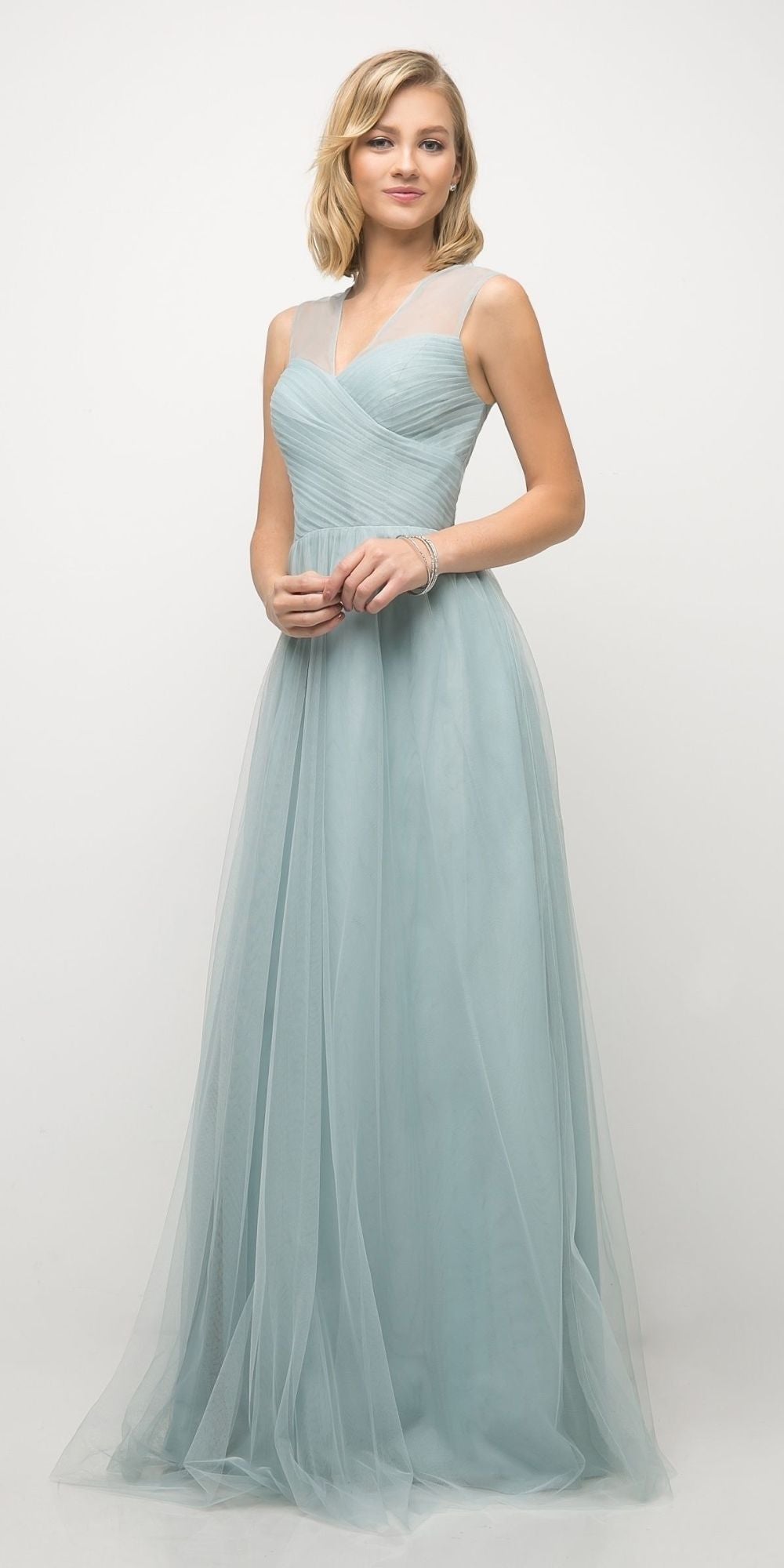 Light blue long tulle V-neck dress with fitted bodice and sleeveless, full skirt