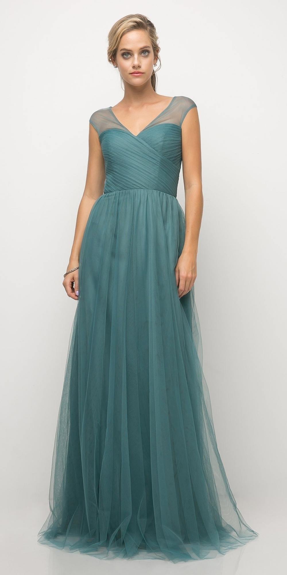 Teal long V-neck illusion dress with cap sleeves and layered tulle skirt
