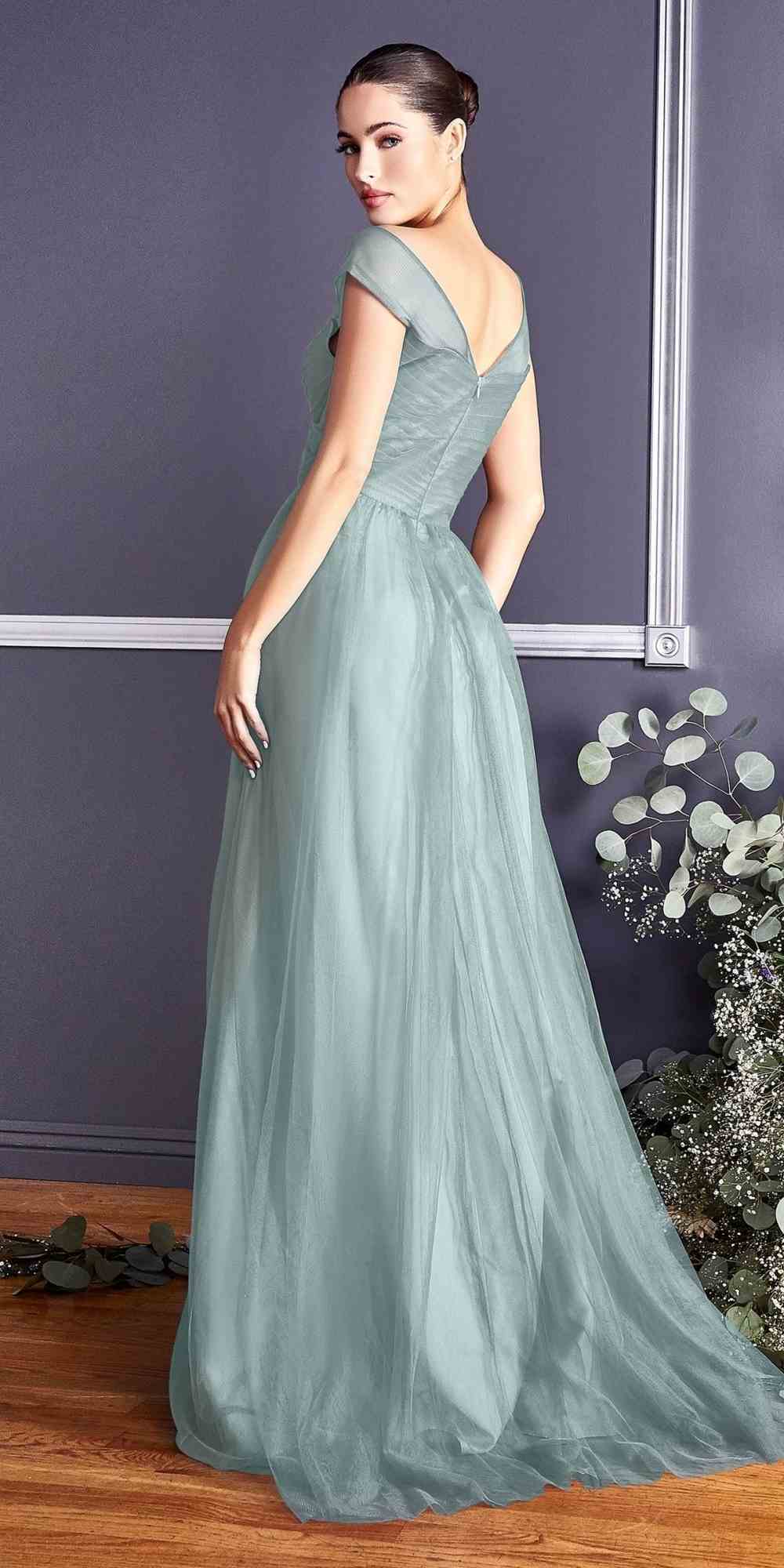 Dusty teal long tulle dress with V-neck, draped bodice, and cap sleeves