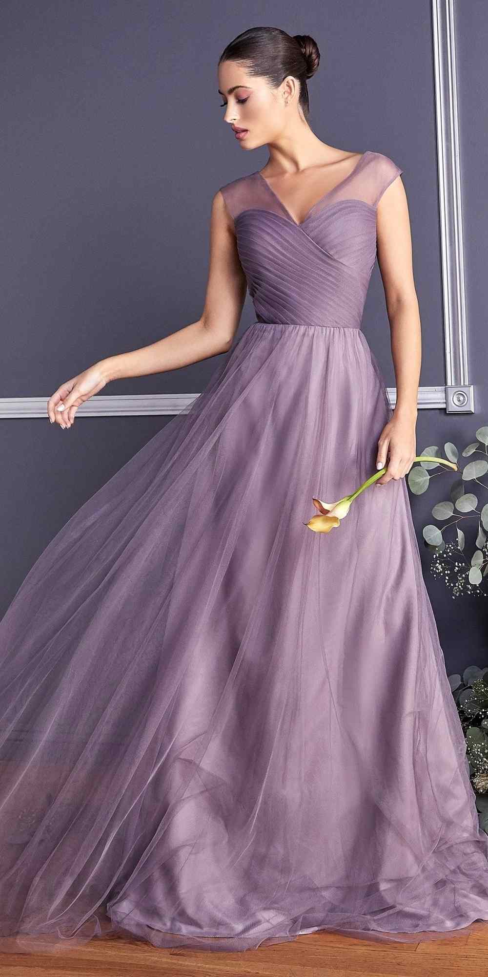 Long sleeveless formal dress with illusion V-neck and pleated chiffon skirt, charcoal-purple