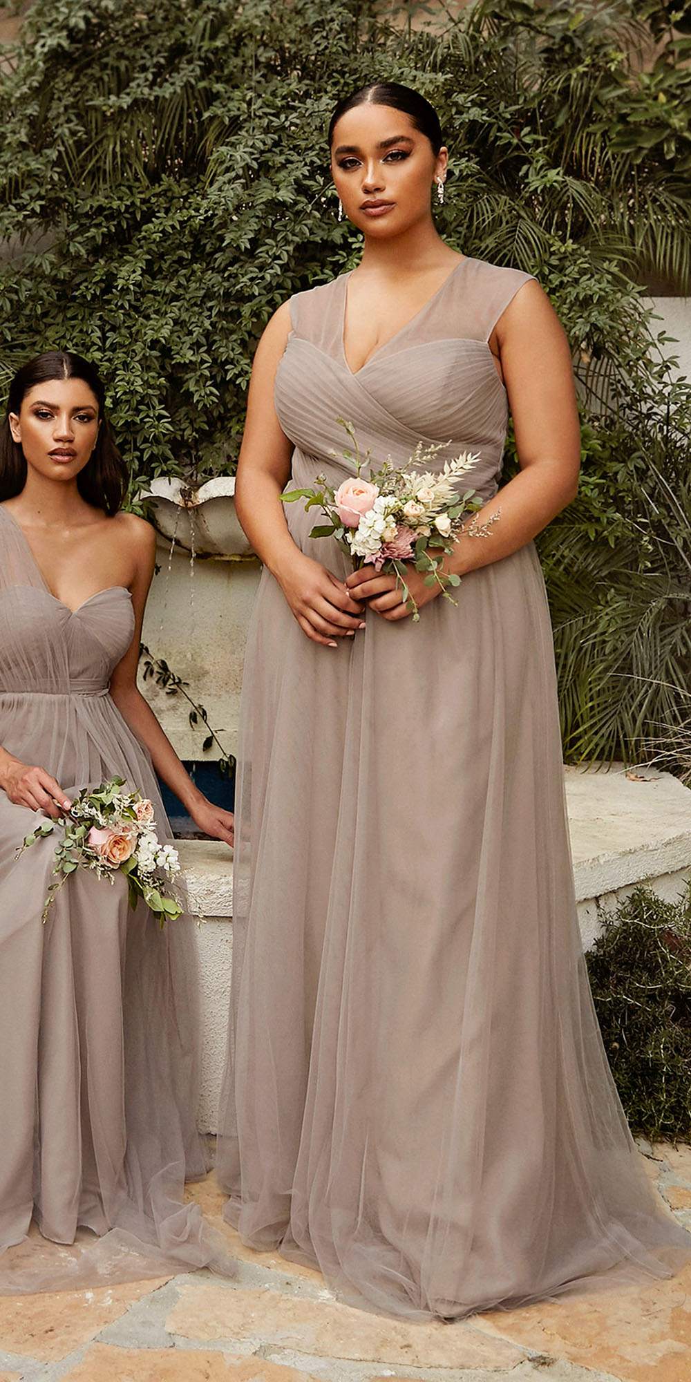 Taupe long tulle dress with V-neck bodice and cap sleeves, gathered skirt