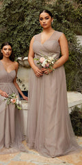 Taupe long tulle dress with V-neck bodice and cap sleeves, gathered skirt