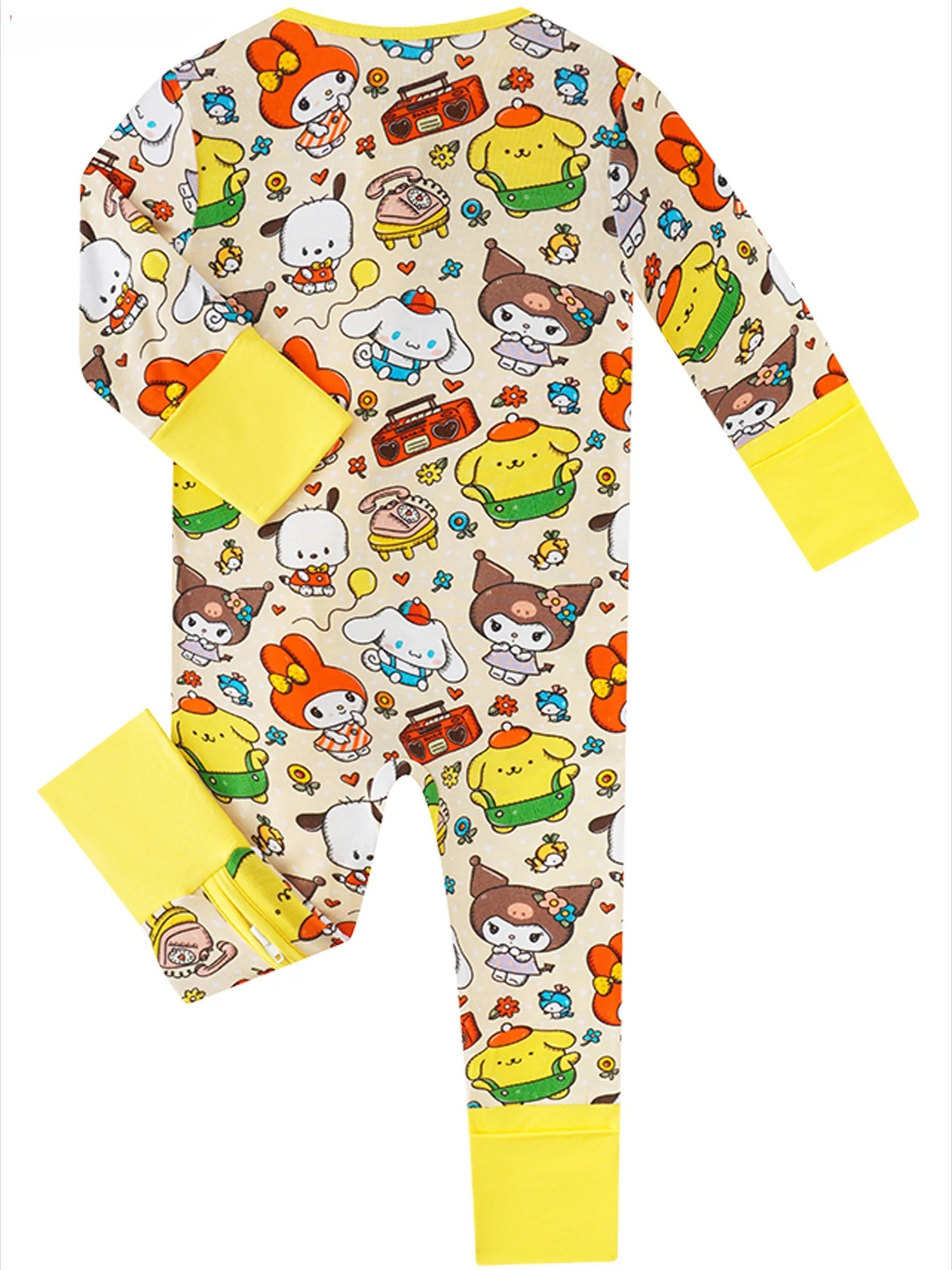Baby bamboo convertible romper with yellow cuffs and 2-way zip; colorful animal character print