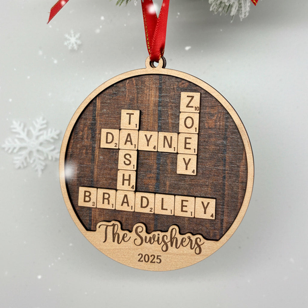 Round wooden Christmas ornament with engraved word puzzle, "The Swishers" 2025, hanging