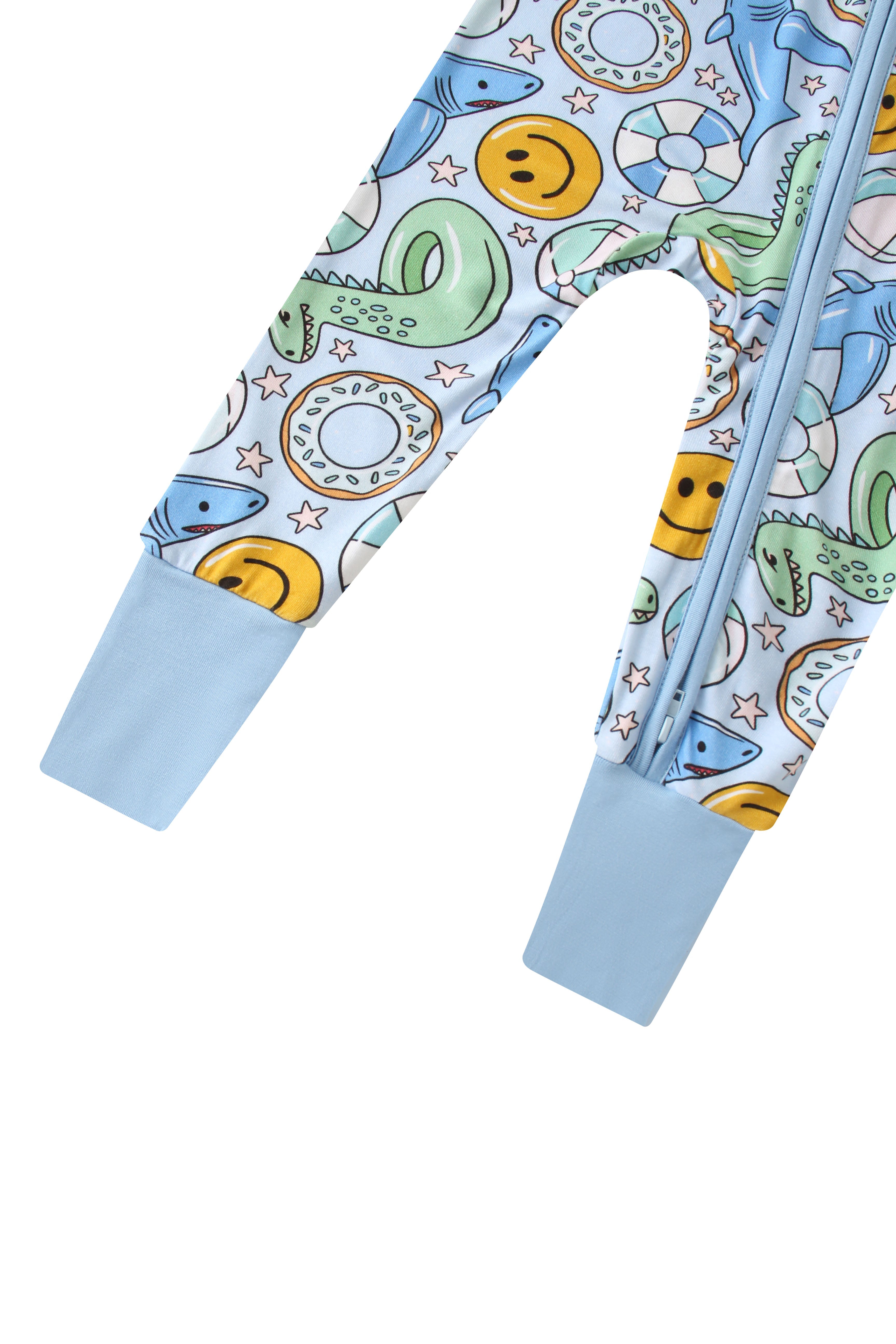 Baby zip romper side view in light blue with space print and long pant legs