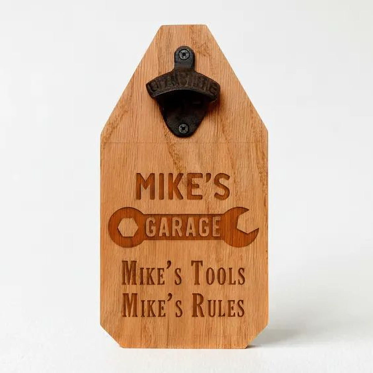 Personalized wood garage sign with metal bottle opener and engraved garage text