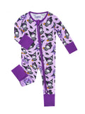 Purple baby zippy romper with allover cartoon cats print, long sleeves, footed
