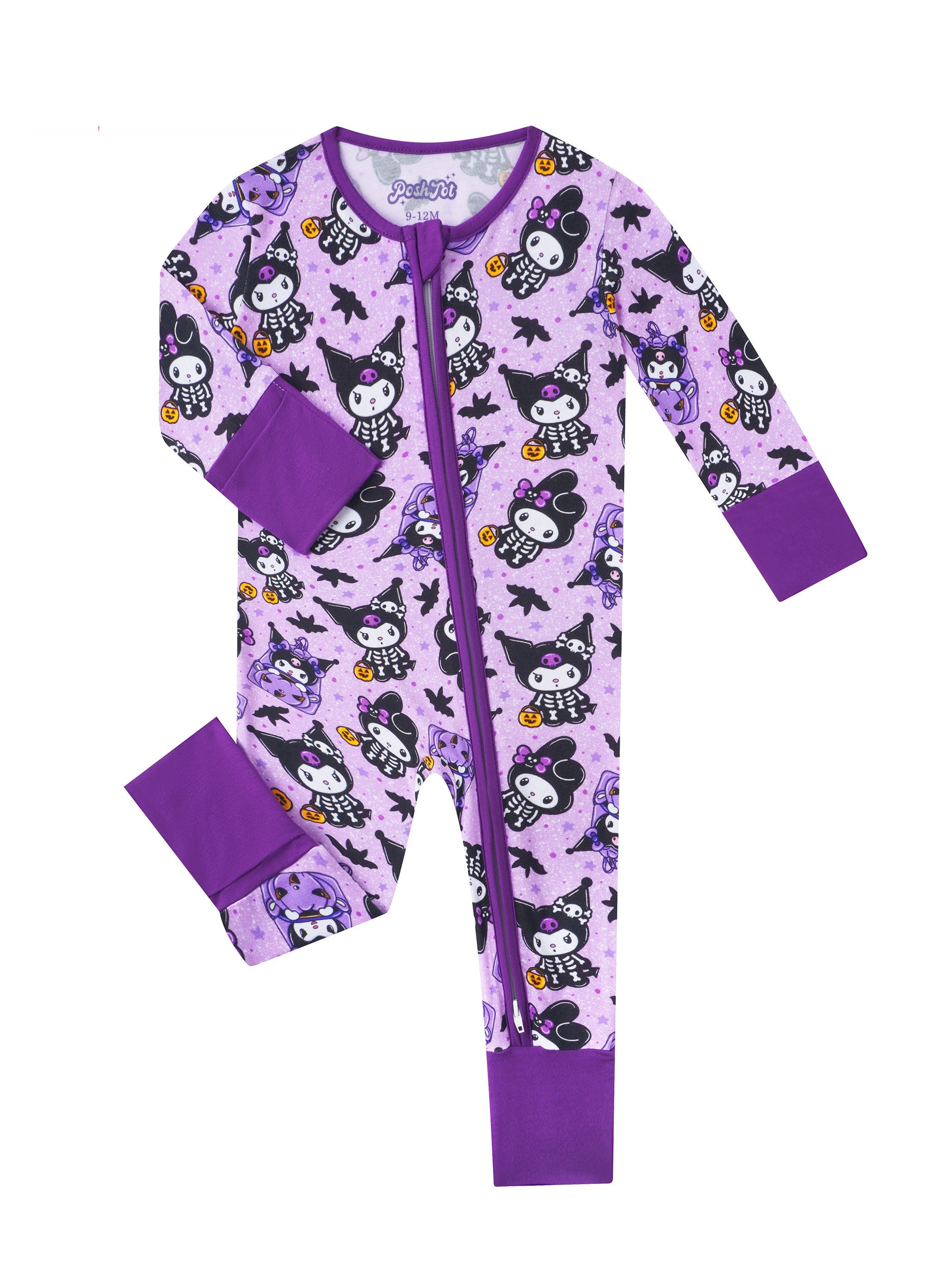 Purple baby zippy romper with allover cartoon cats print, long sleeves, footed